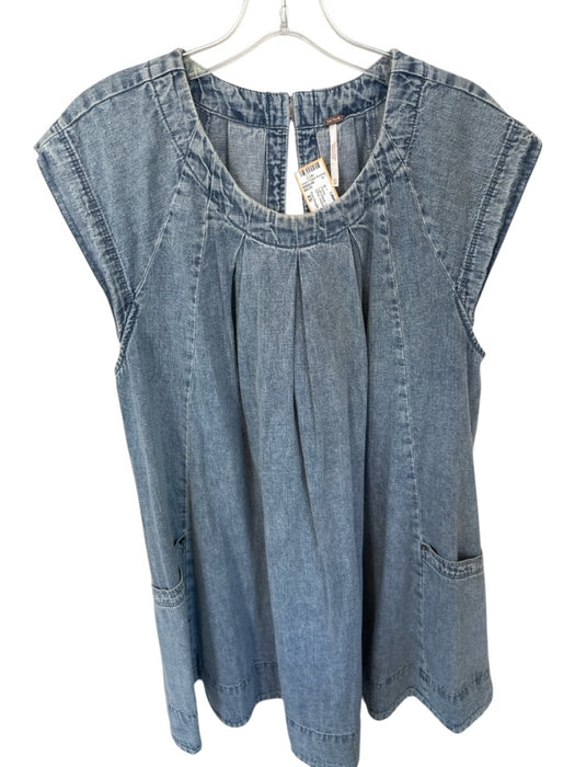 Free People Size XS Light Wash Cotton Cap Sleeve Pleat Detail Keyhole Back Dress Light Wash / XS