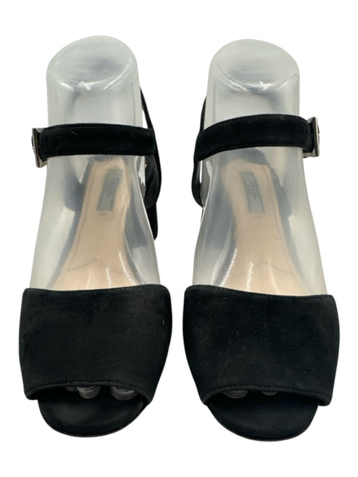 Prada Shoe Size 37.5 Black Suede Peep Toe Ankle Buckle silver hardware Sandals Black / 37.5