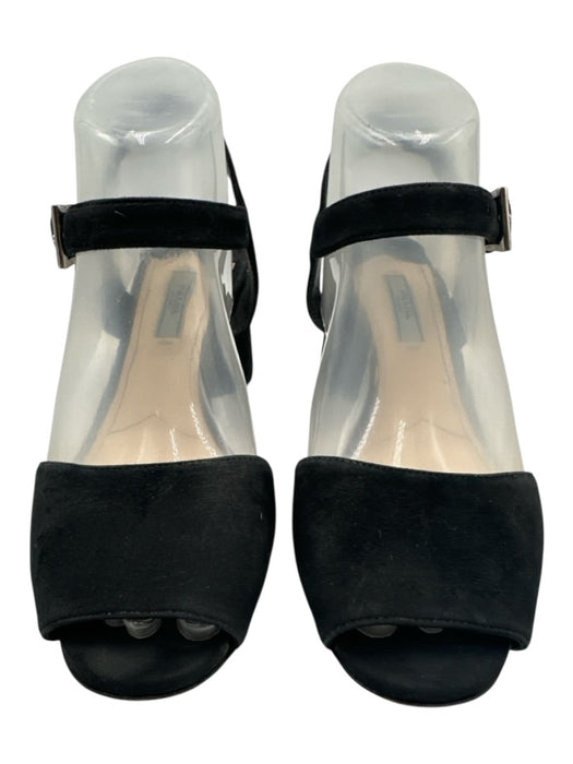 Prada Shoe Size 37.5 Black Suede Peep Toe Ankle Buckle silver hardware Sandals Black / 37.5