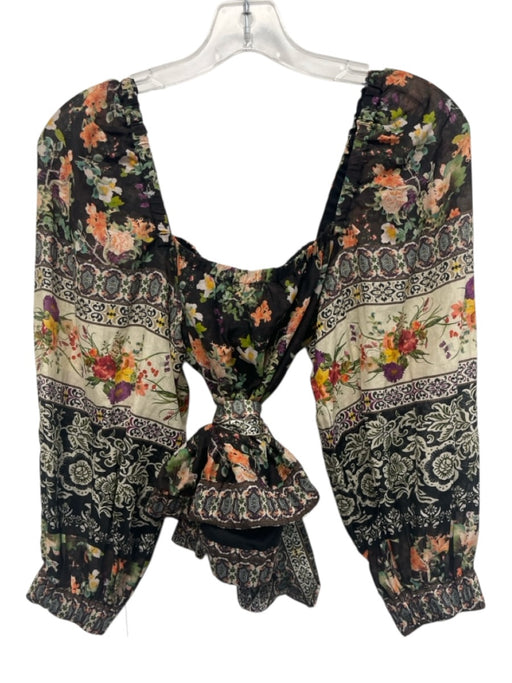 Alice + Olivia Size M Brown, Green, Pink Cotton & Silk Long puff sleeve Top Brown, Green, Pink / M