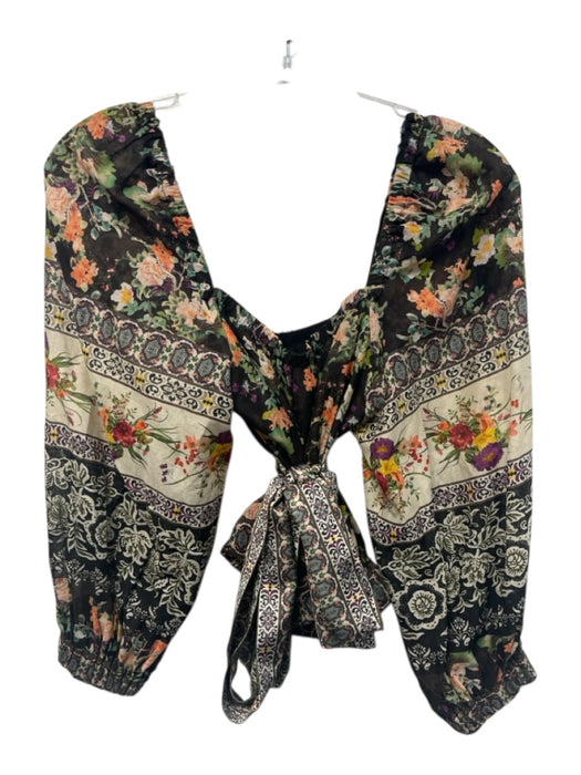 Alice + Olivia Size M Brown, Green, Pink Cotton & Silk Long puff sleeve Top Brown, Green, Pink / M