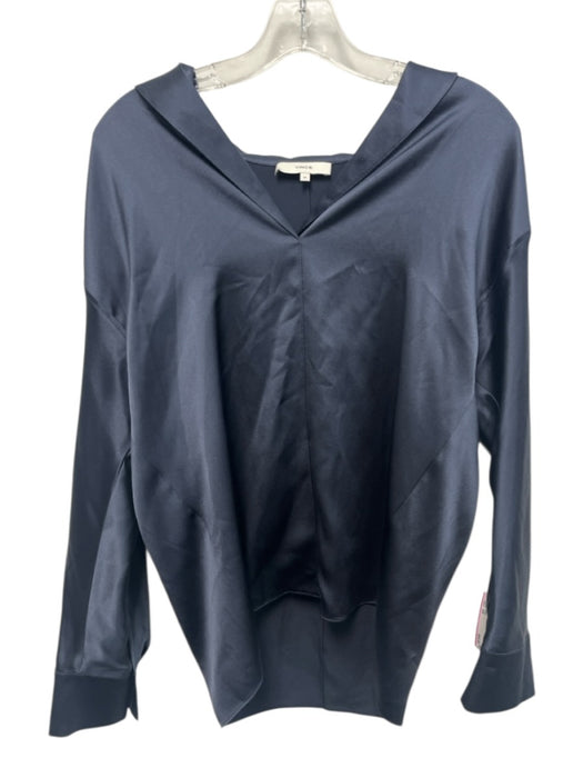 Vince Size XS Dark Blue Silk Long Sleeve Collar Split V neck Top Dark Blue / XS