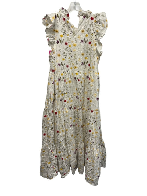 En Saison Size L White, Yellow, Green Print Cotton Sleeveless Floral Print Dress White, Yellow, Green Print / L