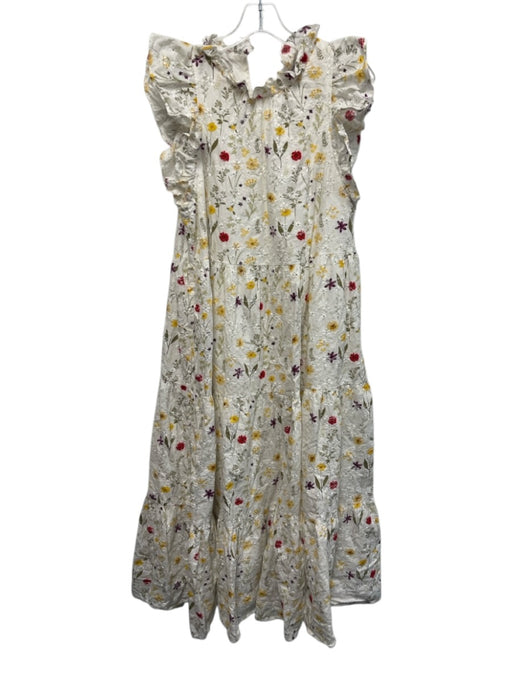 En Saison Size L White, Yellow, Green Print Cotton Sleeveless Floral Print Dress White, Yellow, Green Print / L