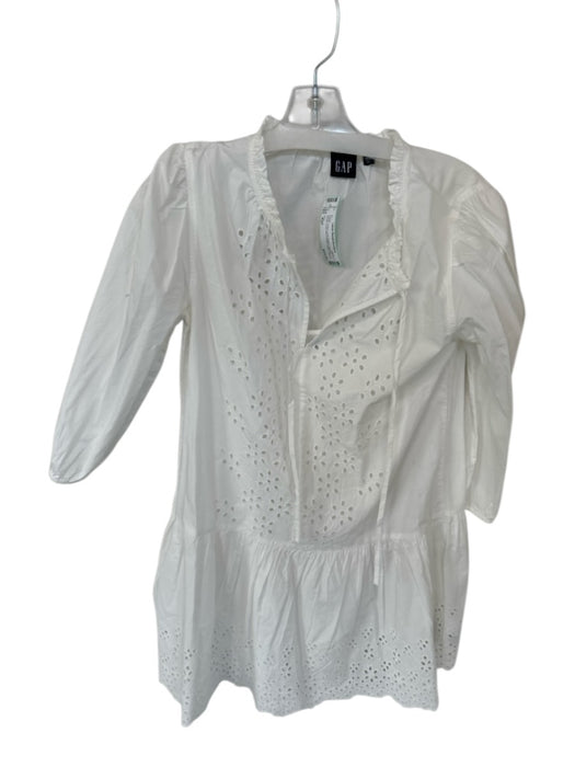 Gap Size XSP White Cotton Long Balloon Sleeve Eyelet Drop Waist Dress White / XSP