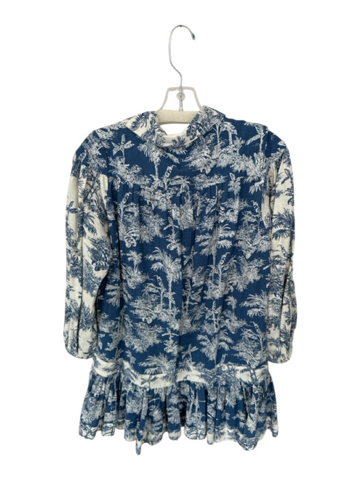 Miss June Paris Size Est S Blue & Cream Cotton Long Balloon Sleeve Buttons Dress Blue & Cream / Est S