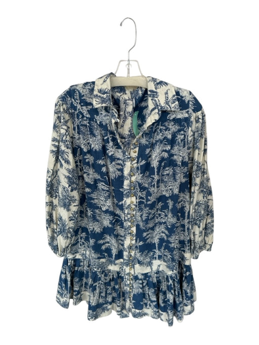 Miss June Paris Size Est S Blue & Cream Cotton Long Balloon Sleeve Buttons Dress Blue & Cream / Est S