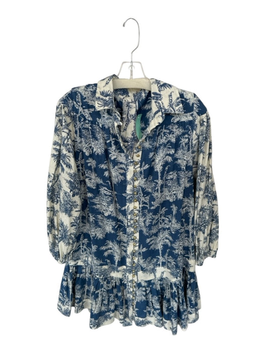 Miss June Paris Size Est S Blue & Cream Cotton Long Balloon Sleeve Buttons Dress Blue & Cream / Est S