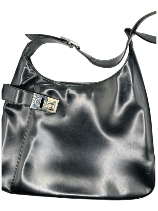 Salvatore Ferragamo Black & Silver Leather Shoulder Strap Side Buckle Bag Black & Silver / M