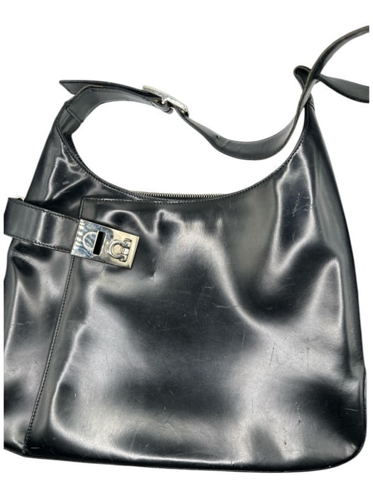 Salvatore Ferragamo Black & Silver Leather Shoulder Strap Side Buckle Bag Black & Silver / M