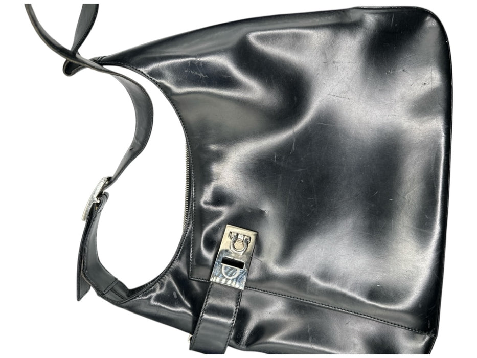 Salvatore Ferragamo Black & Silver Leather Shoulder Strap Side Buckle Bag Black & Silver / M