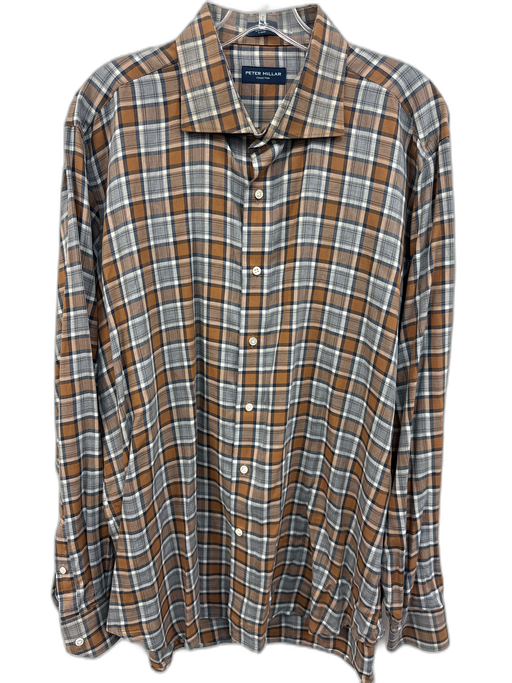 Peter Millar Size XL Tan & Gray Print Cotton Plaid Button Up Long Sleeve Shirt Tan & Gray Print / XL