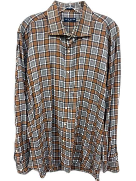 Peter Millar Size XL Tan & Gray Print Cotton Plaid Button Up Long Sleeve Shirt Tan & Gray Print / XL