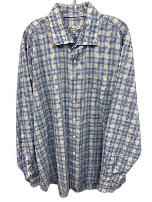 Peter Millar Size XXL Blue & White Cotton Plaid Button Up Long Sleeve Shirt Blue & White / XXL