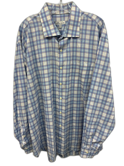 Peter Millar Size XXL Blue & White Cotton Plaid Button Up Long Sleeve Shirt Blue & White / XXL