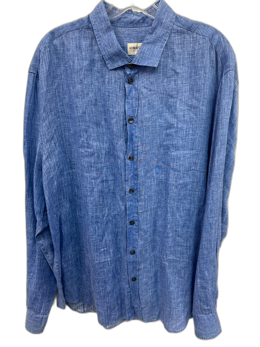 Armani Size XXL Blue Linen Solid Button Up Spread Collar Men's Long Sleeve Shirt Blue / XXL