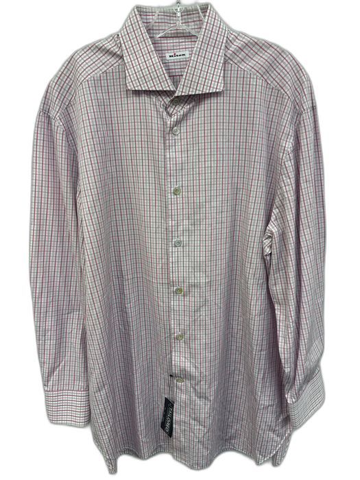 Kiton Size 18 Pink & White Cotton Plaid Button Up Men's Long Sleeve Shirt Pink & White / 18