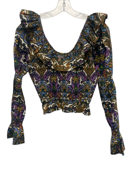 Cleobella Size S Purple, Black, Yellow Cotton Smocked Ruffle Detail Abstract Top Purple, Black, Yellow / S