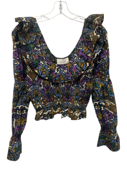 Cleobella Size S Purple, Black, Yellow Cotton Smocked Ruffle Detail Abstract Top Purple, Black, Yellow / S