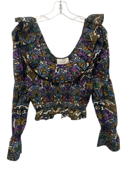 Cleobella Size S Purple, Black, Yellow Cotton Smocked Ruffle Detail Abstract Top Purple, Black, Yellow / S