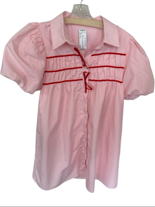 TCEC Size Est S Pink & Red Cotton Short Balloon Sleeve Ribbon Detail Dress Pink & Red / Est S