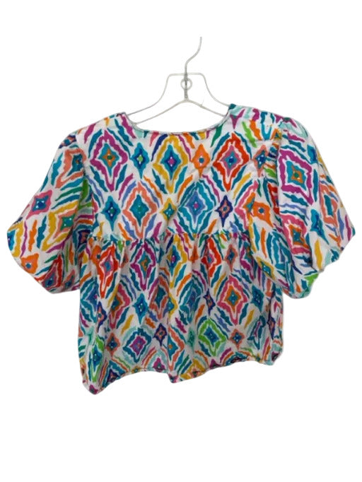 THML Size S Multi Cotton Short Balloon Sleeve Kaleidoscope V Neck Tassels Top Multi / S