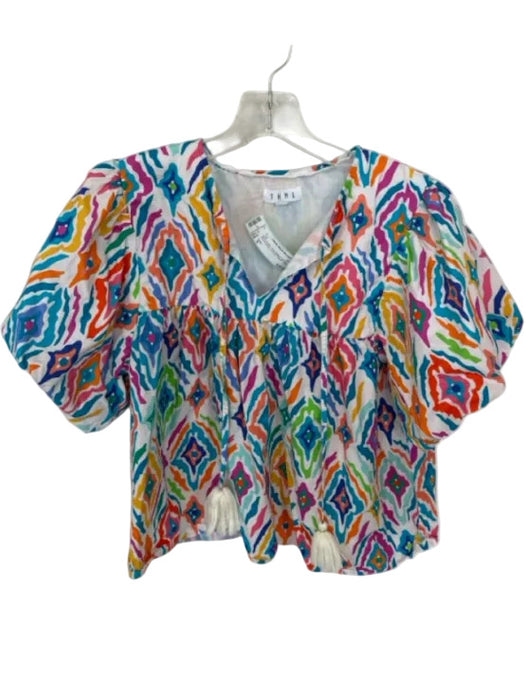THML Size S Multi Cotton Short Balloon Sleeve Kaleidoscope V Neck Tassels Top Multi / S