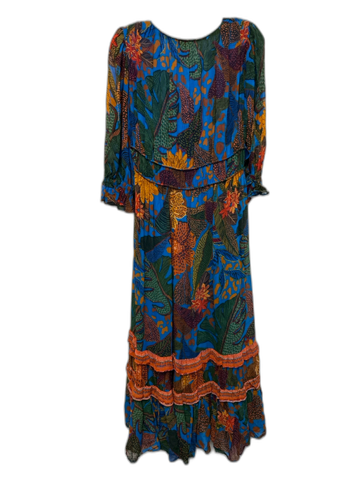 Farm Rio Size XS Brown, Turquoise & Multi Viscose Long Balloon Sleeve Dress Brown, Turquoise & Multi / XS