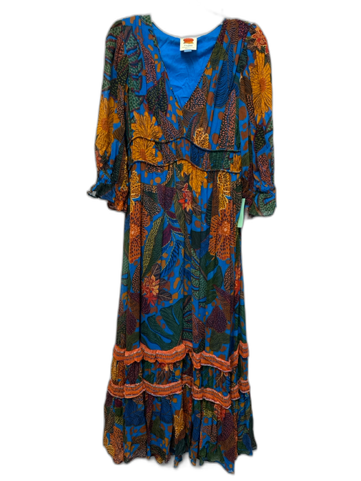 Farm Rio Size XS Brown, Turquoise & Multi Viscose Long Balloon Sleeve Dress Brown, Turquoise & Multi / XS
