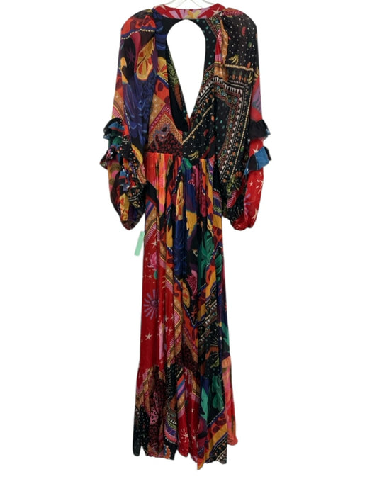 Farm Rio Size XS Black, Red & Multi Viscose Long Balloon Sleeve Abstract Dress Black, Red & Multi / XS