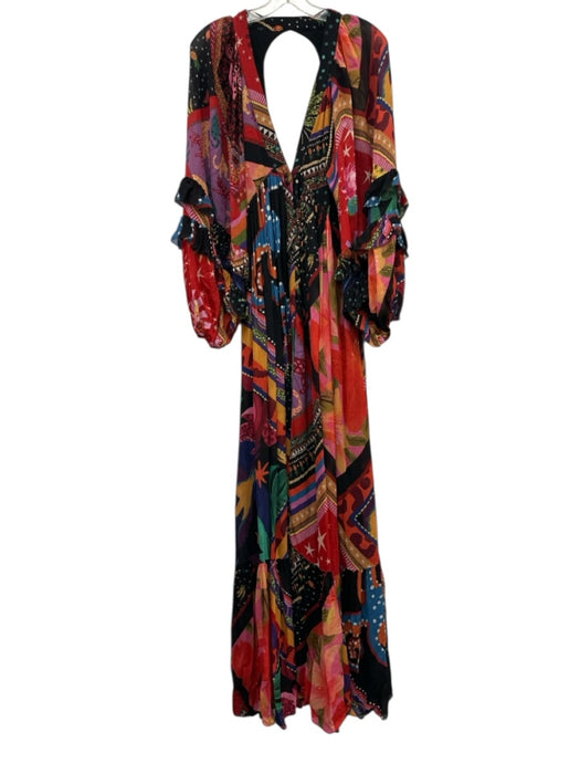 Farm Rio Size XS Black, Red & Multi Viscose Long Balloon Sleeve Abstract Dress Black, Red & Multi / XS