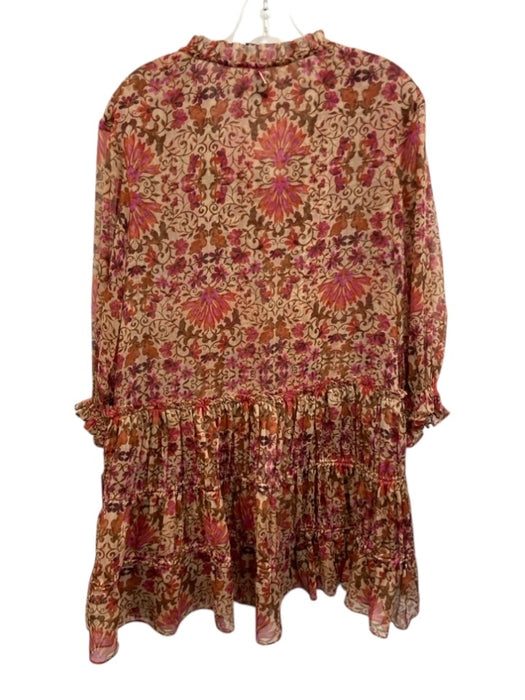 Misa Size M Tan, Pink & Multi Polyester Sheer Floral Long Sleeve Dress Tan, Pink & Multi / M