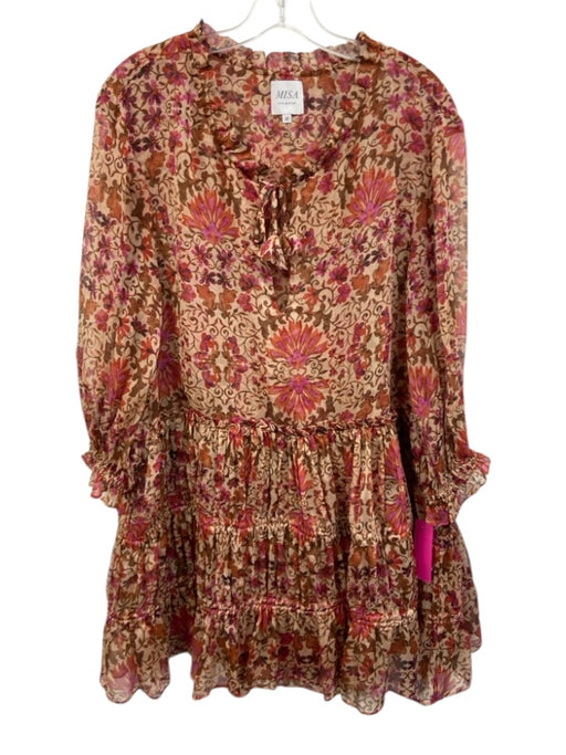 Misa Size M Tan, Pink & Multi Polyester Sheer Floral Long Sleeve Dress Tan, Pink & Multi / M