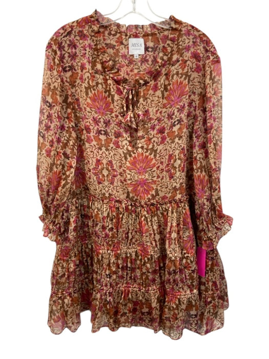 Misa Size M Tan, Pink & Multi Polyester Sheer Floral Long Sleeve Dress Tan, Pink & Multi / M