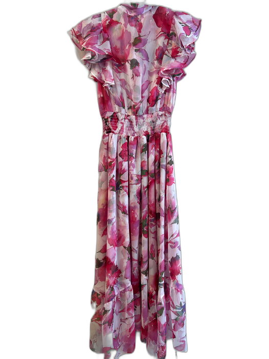 Misa Size XS Pink Polyester Quarter Button Ruffle Cap Sleeve Watercolor Dress Pink / XS