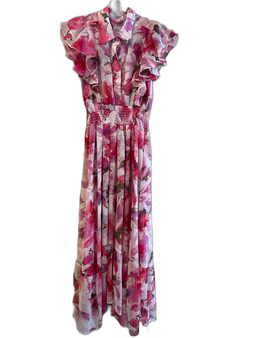 Misa Size XS Pink Polyester Quarter Button Ruffle Cap Sleeve Watercolor Dress Pink / XS