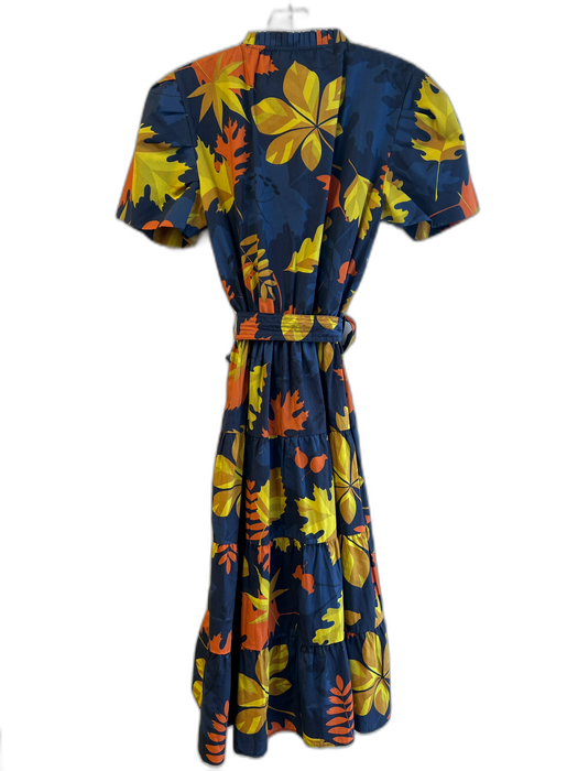 Maude Vivante Size XS Navy & Multi Cotton V Neck Short Sleeve Leaf Print Dress Navy & Multi / XS