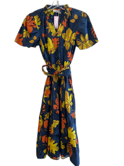 Maude Vivante Size XS Navy & Multi Cotton V Neck Short Sleeve Leaf Print Dress Navy & Multi / XS
