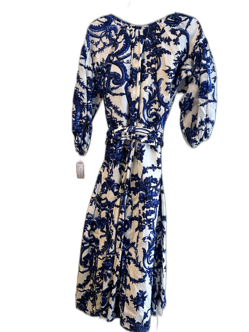 Samantha Sung Size 2 Blue & White Linen Lined All Over Print Button Down Dress Blue & White / 2