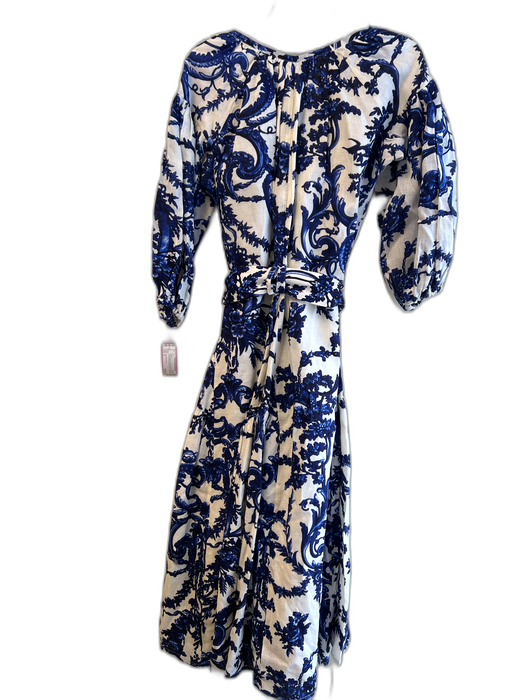 Samantha Sung Size 2 Blue & White Linen Lined All Over Print Button Down Dress Blue & White / 2