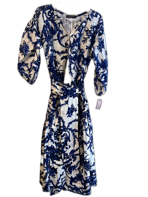 Samantha Sung Size 2 Blue & White Linen Lined All Over Print Button Down Dress Blue & White / 2