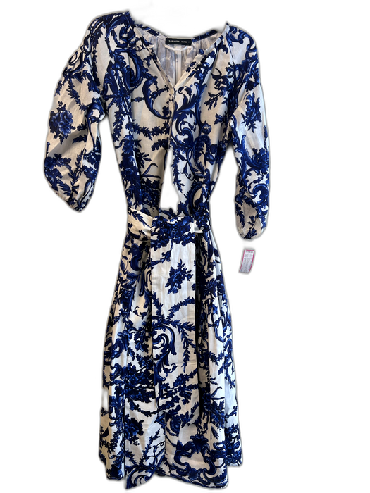 Samantha Sung Size 2 Blue & White Linen Lined All Over Print Button Down Dress Blue & White / 2
