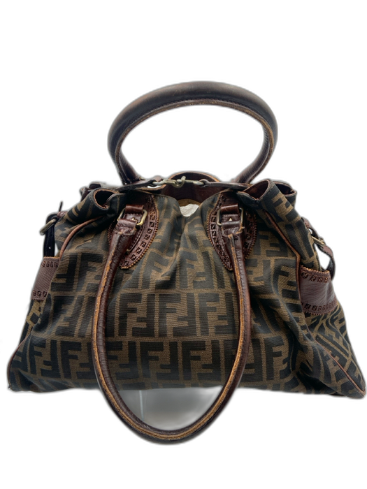Fendi Brown & Black Canvas & Leather Zucca Monogram Snap Button Close Bag Brown & Black