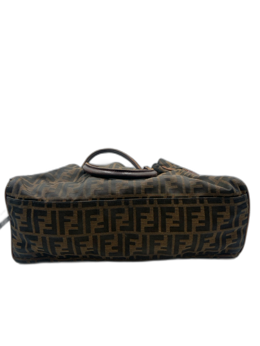 Fendi Brown & Black Canvas & Leather Zucca Monogram Snap Button Close Bag Brown & Black