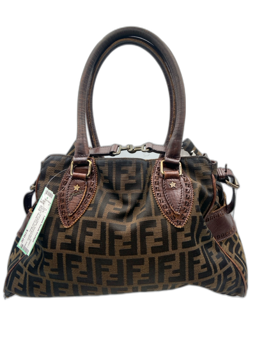 Fendi Brown & Black Canvas & Leather Zucca Monogram Snap Button Close Bag Brown & Black