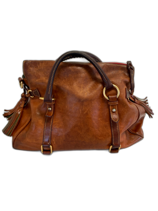 Dooney & Bourke Brown Leather Zip Top Tassel Detail Gold Tone Hardware Bag Brown