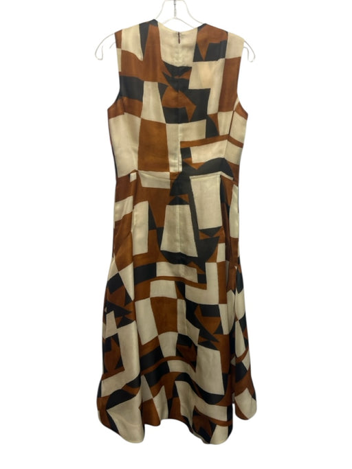 Akris Size 6 Brown, White & Black Mulberry Silk Sleeveless Geometric Midi Dress Brown, White & Black / 6