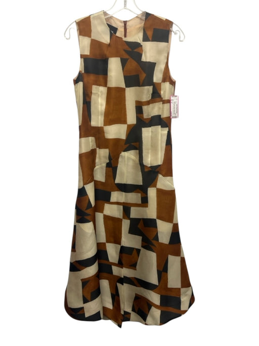 Akris Size 6 Brown, White & Black Mulberry Silk Sleeveless Geometric Midi Dress Brown, White & Black / 6
