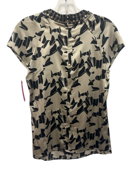 Etro Size 42 Champagne & Black Silk Short Sleeve Geometric Beaded Collar Top Champagne & Black / 42