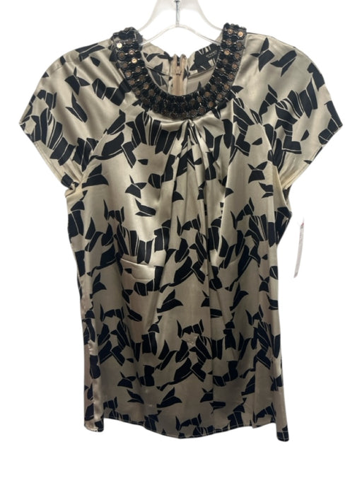 Etro Size 42 Champagne & Black Silk Short Sleeve Geometric Beaded Collar Top Champagne & Black / 42